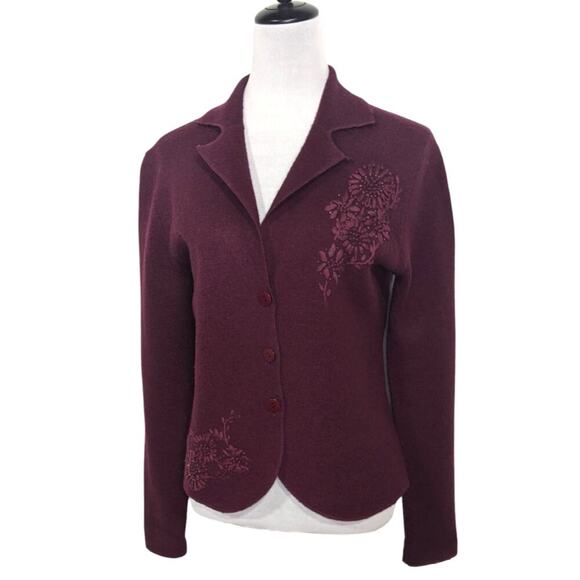 Christopher & Banks Y2K 100% Wool Embroidered Blazer Cardigan Burgundy Small - Picture 1 of 9